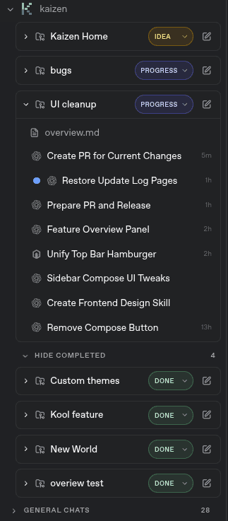 KaizenAI kanban board with task state indicators