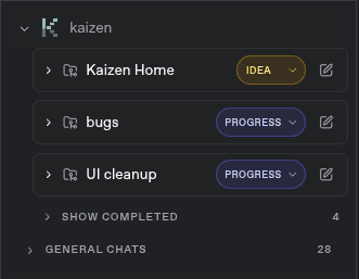 KaizenAI sidebar showing multiple project workspaces